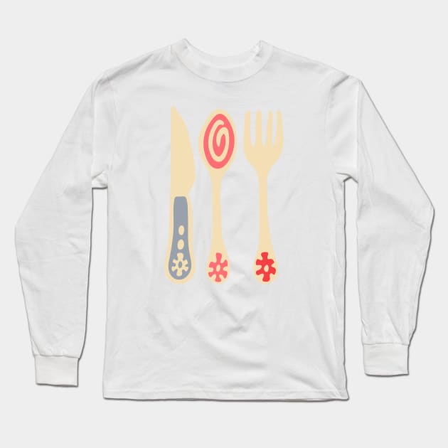 CUTLERY Retro Vintage Kitchen Utensils Knife Spoon Fork in Purple Pink and Red - UnBlink Studio by Jackie Tahara Long Sleeve T-Shirt by UnBlink Studio by Jackie Tahara